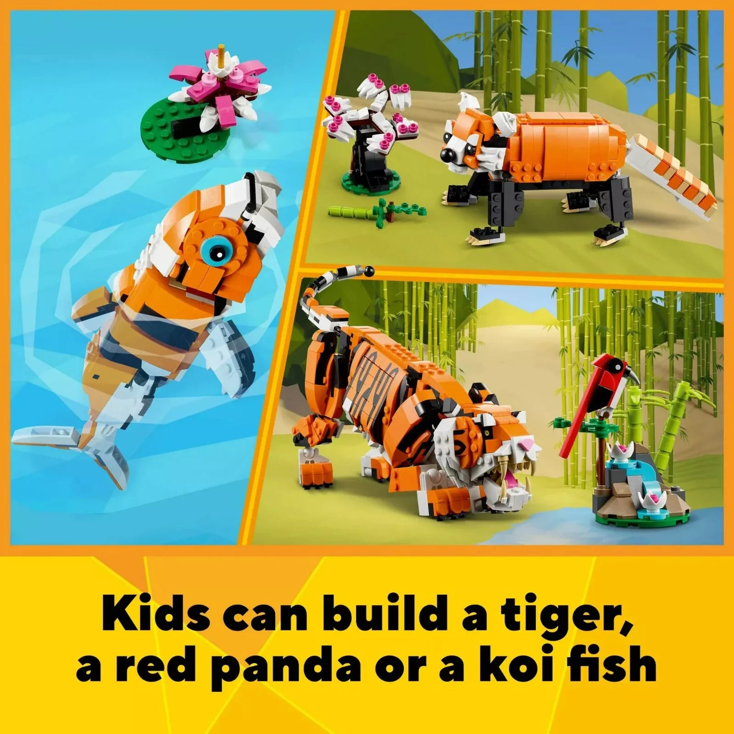 EGO Creator 3 in 1 Majestic Tiger Building Set, Transforms from Tiger to Panda or Koi Fish Set, Animal Figures, Collectible Building Toy, Gifts for Kids, Boys & Girls 9 Plus Years Old, 31129